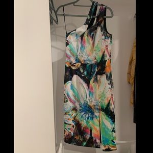 Black Halo One Shoulder Abstract Multicolored Floral Midi Dress w/ Side Slit.